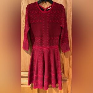 Gianni Bini Fit & Flare A-Line Long Sleeve Textured Red & Black‎ Dress Medium
